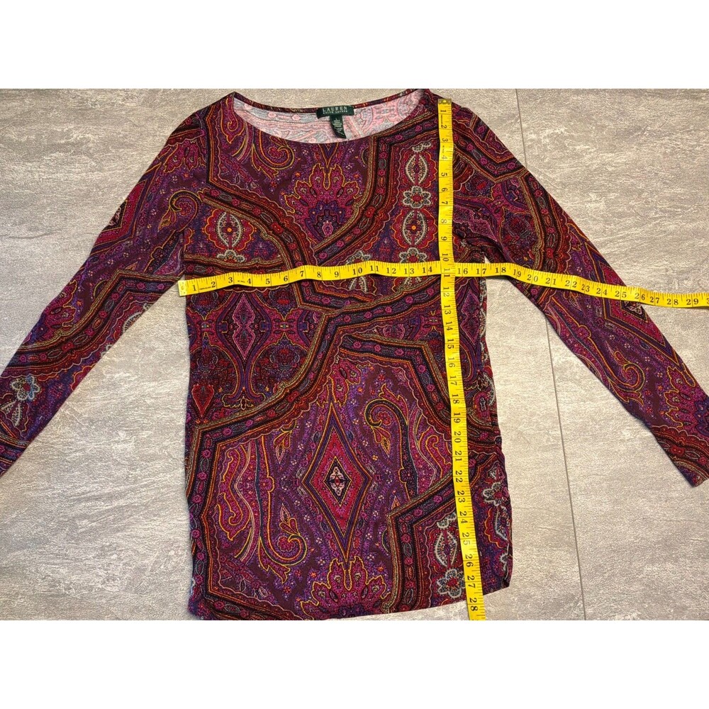 Ralph Lauren Large Pullover Long Sleeve Ruched Sides Purple Pink Paisley Preppy - Picture 2 of 7